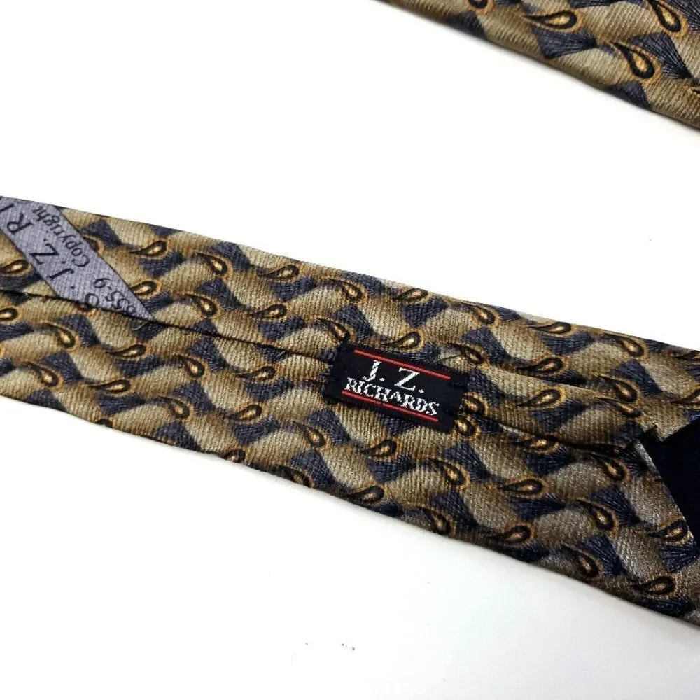 JZ Richards‎ Tan Gray Paisley Geometric Print Silk Tie